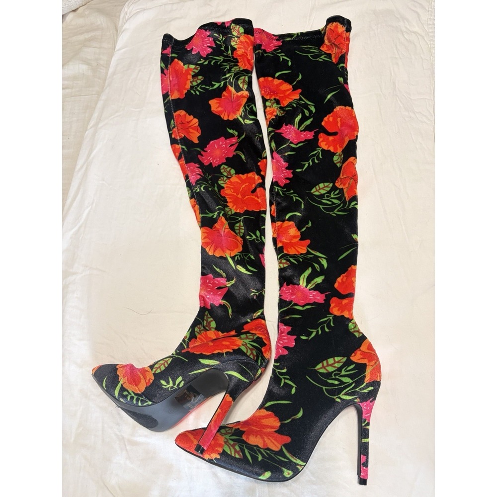 Cape Robbin LEXI-3 Over the Knee Floral Stretch Velour Stiletto Boots Black 6.5